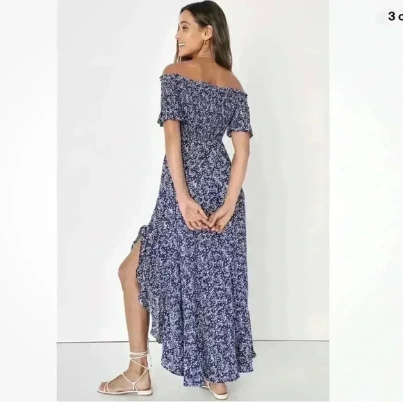 Lulu's Fleur-tation Navy Floral Midi Dress XL Smocked Split Beach Summer Ruffle - Picture 3 of 7